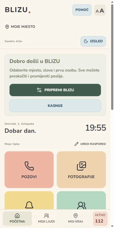 Stvarni početni zaslon aplikacije BLIZU s velikim tipkama za pozive i fotografije